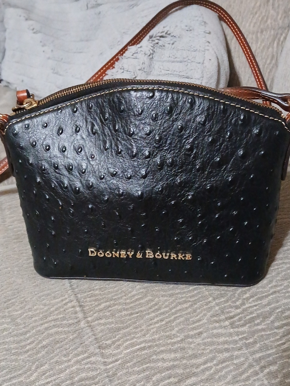 Dooney & Bourke Black Ostrich-Embossed Crossbody with Brown Strap